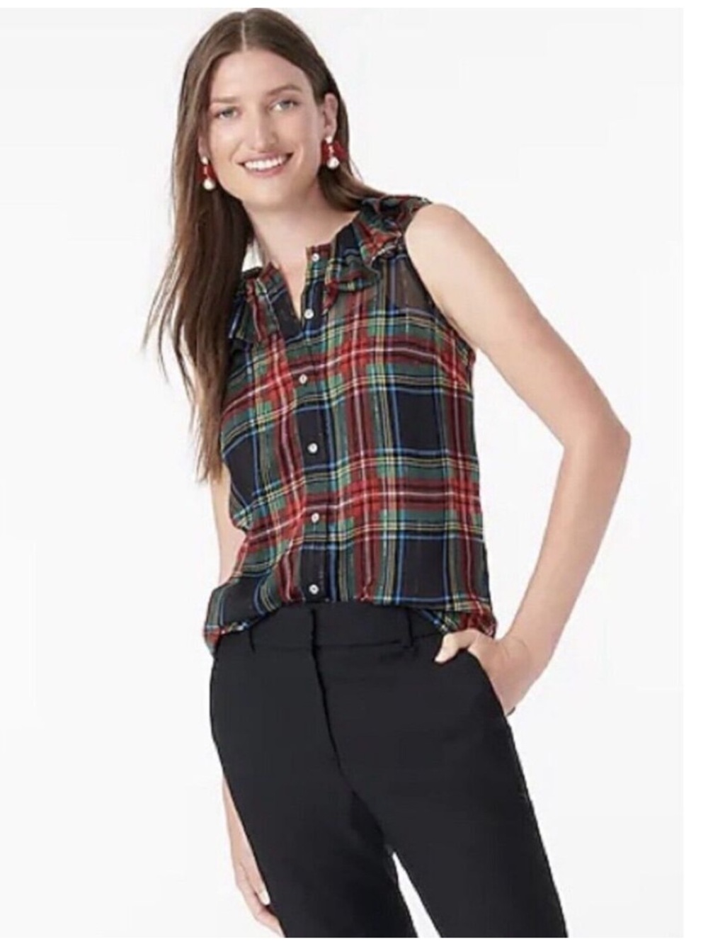 J. Crew Ruffle Collar Top Tartan Plaid AU262 XS